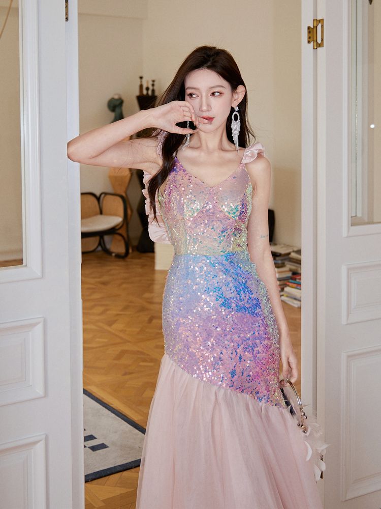 Evening Dress Sequin Long Dresses Camisole Luxury Minority High-End Dress Party Party Sequined Slim Fishtail Host H89802