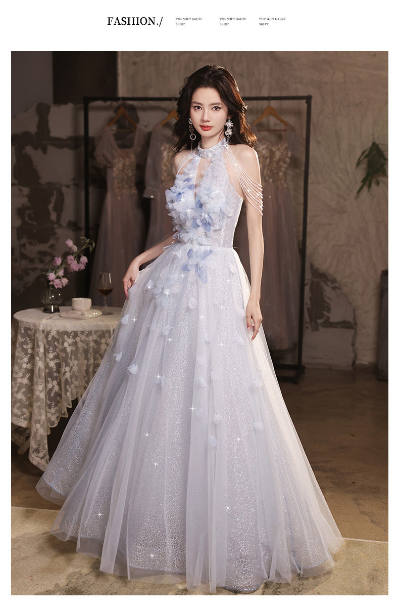 Wedding Dress Evening Dress for Women Light Luxury Minority High-End Blue Graduation High School Beautiful Umbrella Princess Dress Adult Ceremony Girl