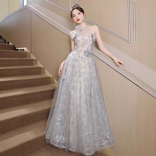 French Style Evening Dress Women's High-Grade Halter Banquet Socialite Host Light Luxury Minority High-End Adult Ceremony Dress