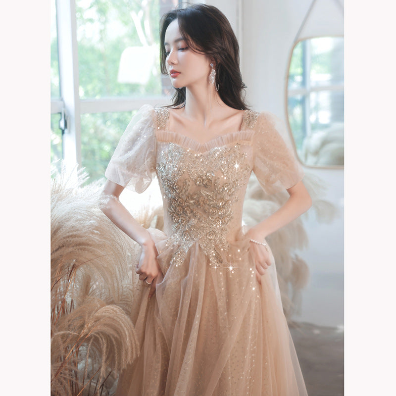 Champagne Evening Dress for Women Banquet Temperament Light Luxury Minority High-End High-Grade Host Summer Art Exam Engagement Dress