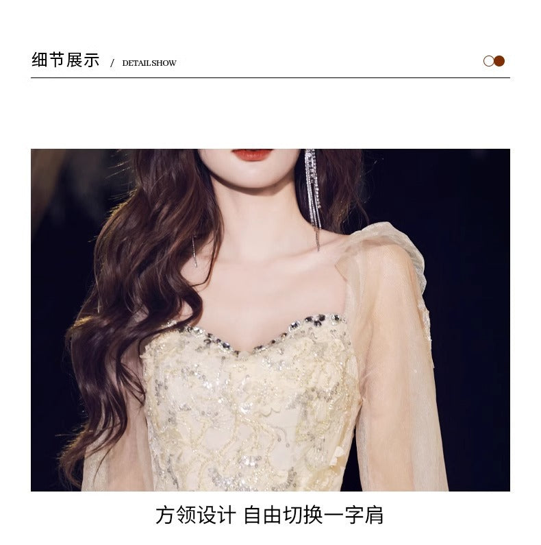 Banquet evening dress high-grade Champagne temperament host fairy dinner Annual Meeting dress long sleeve autumn women