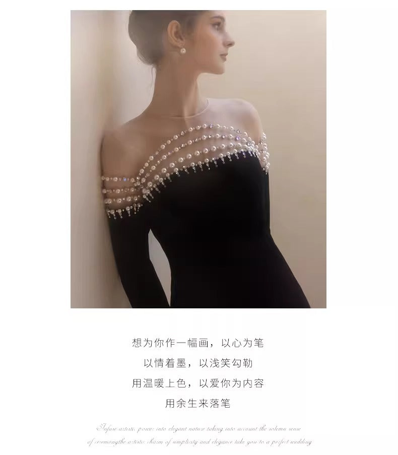 French Style Hepburn Wind Black Evening Dress 2024 New Long-Sleeved Pearl off-Shoulder Fishtail Costume