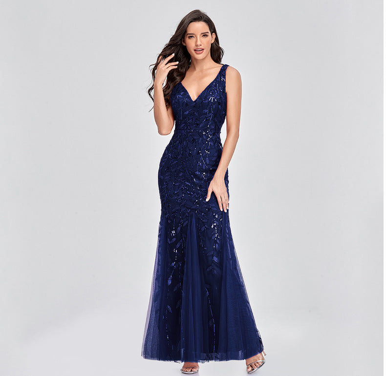 New 2023 Dress Sexy Dress Sleeveless V-neck Embroidery Sequin Slim Fishtail Bridesmaid Evening Dress for Women