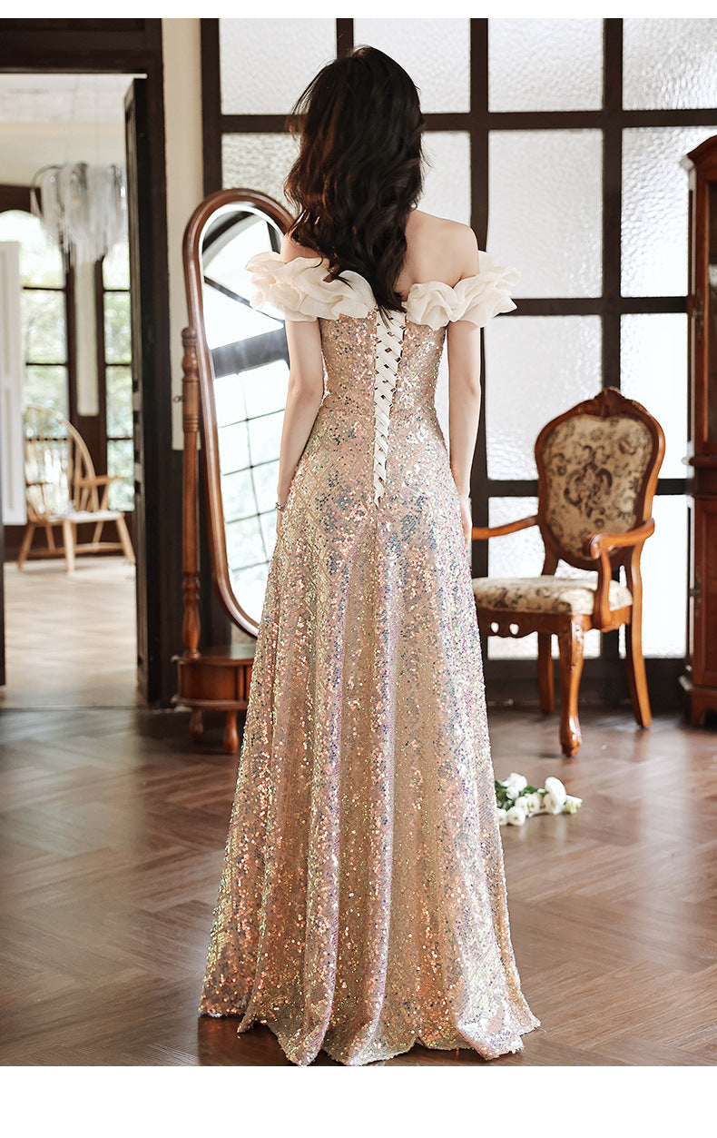 off-Shoulder Sequined Evening Dress for Women 2024 New Host Annual Meeting Bel Canto Solo Vocal Music Art Test Champagne Gold