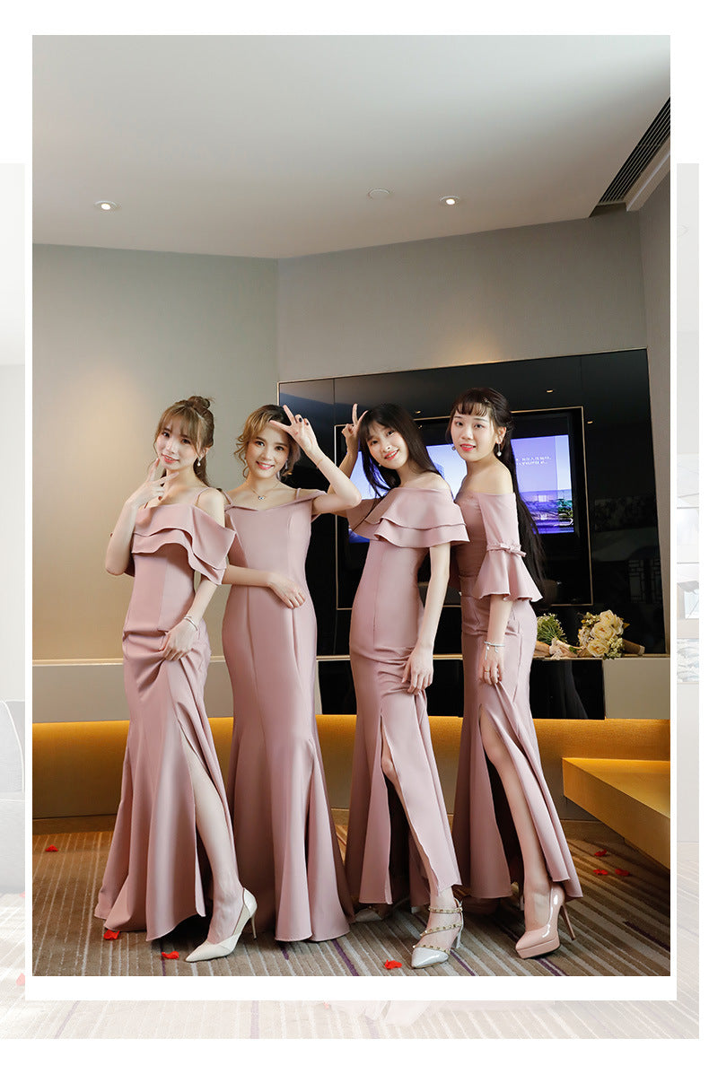 Ladybros' Dress 2023 Summer Autumn New Style off-Shoulder Annual Meeting Pink Figure Flattering Fishtail Dress for the Besties Bridesmaid Dress for Women