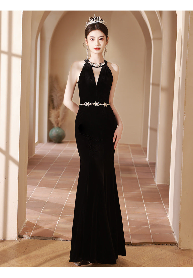 Black Halter V-neck Evening Dress Niche High-End Adult Ceremony Graduation Fishtail High-End Birthday Host Ceremony