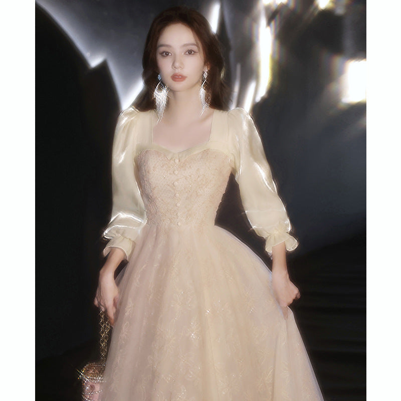 Evening Dress  Long Sleeve Champagne High-End Light Luxury Banquet Luxury Fairy Dinner h29923