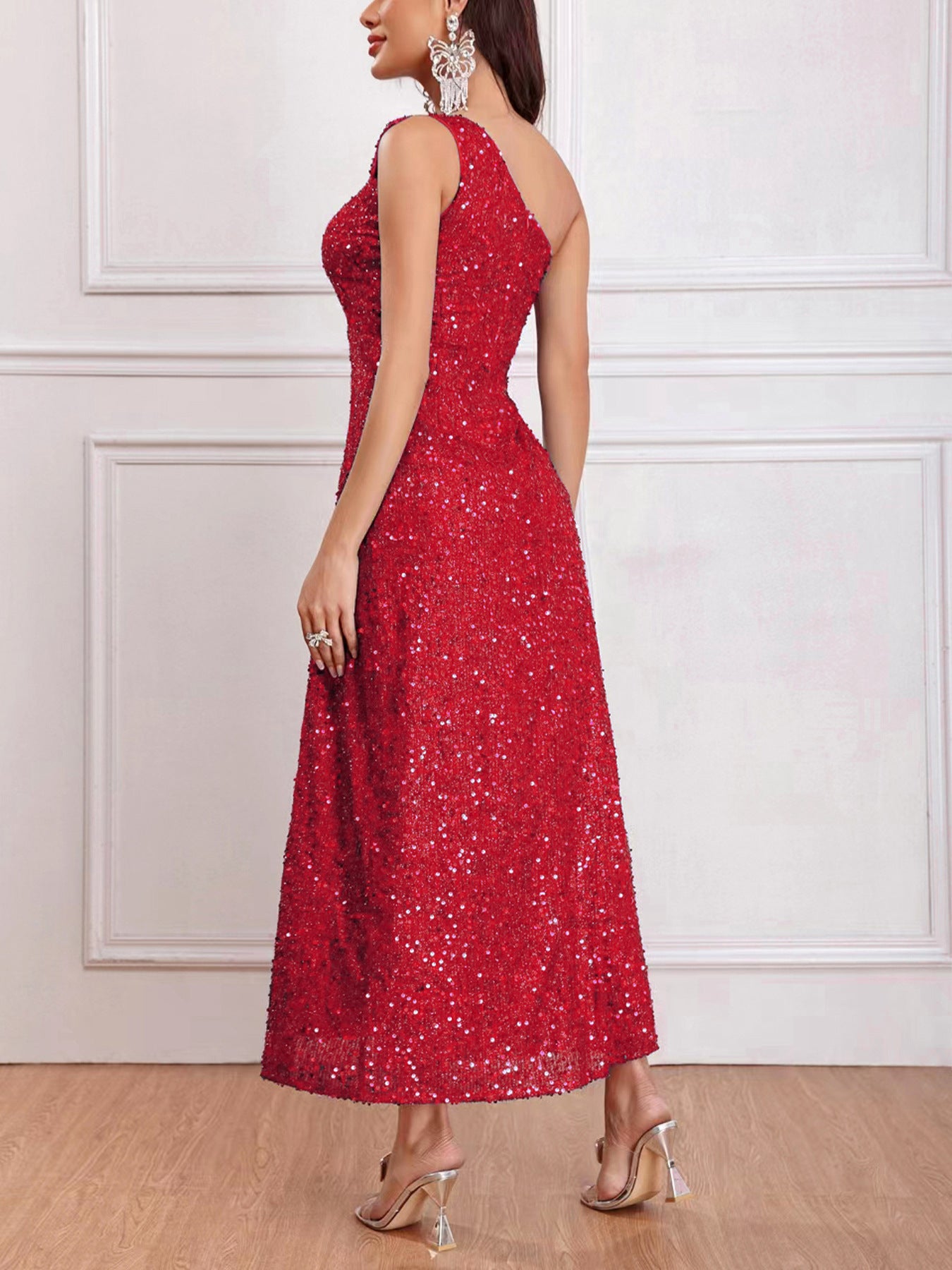 European and American Style New Women's Clothing 2024 Spring Fashionable Sequins Shoulder Sleeveless Split Dress Solid Color Foreign Trade Wholesale