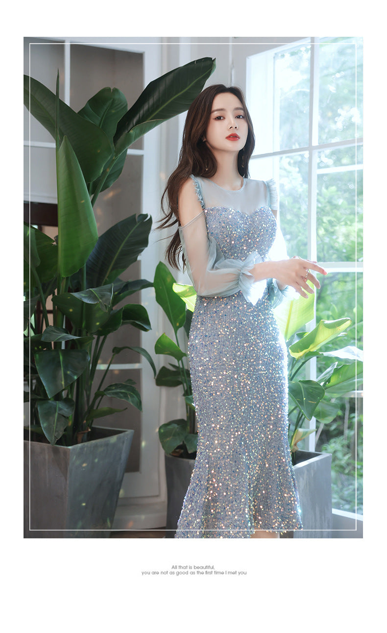Fishtail Dress Evening Dress for Women Summer Long-Sleeve Elegant Daily Style Dress Host Temperament Banquet Dress
