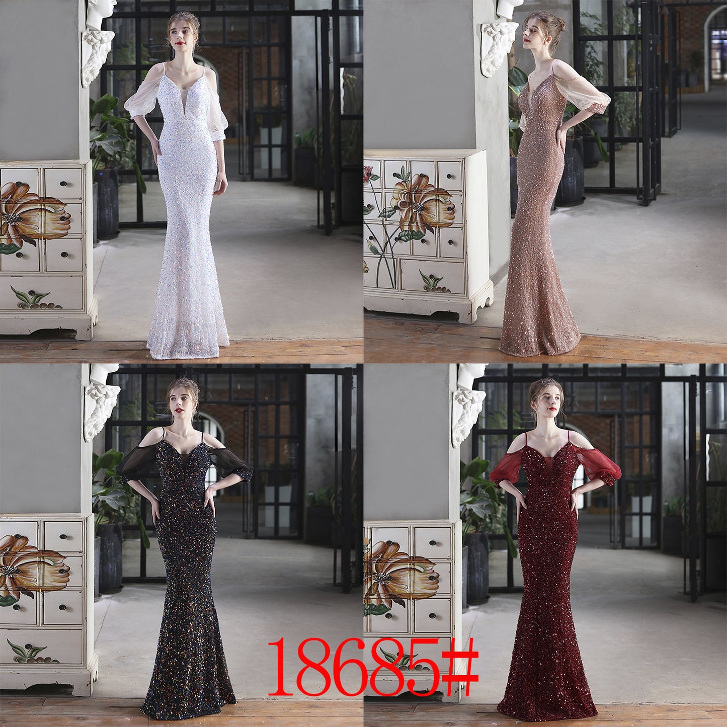 18685# Colorful Sequin Toast Dress Bride Long Appreciation Dinner Slim-Fit Fishtail Skirt Wedding Car Model Exhibition Dress