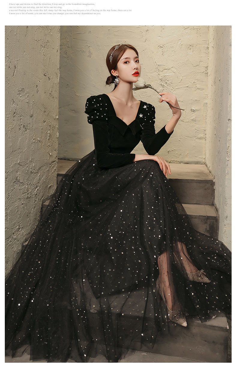 Banquet Evening Dress 2024 New Black Ladies Long Sleeves Graceful Formal Dress Host Performance Dinner Annual Meeting Gift