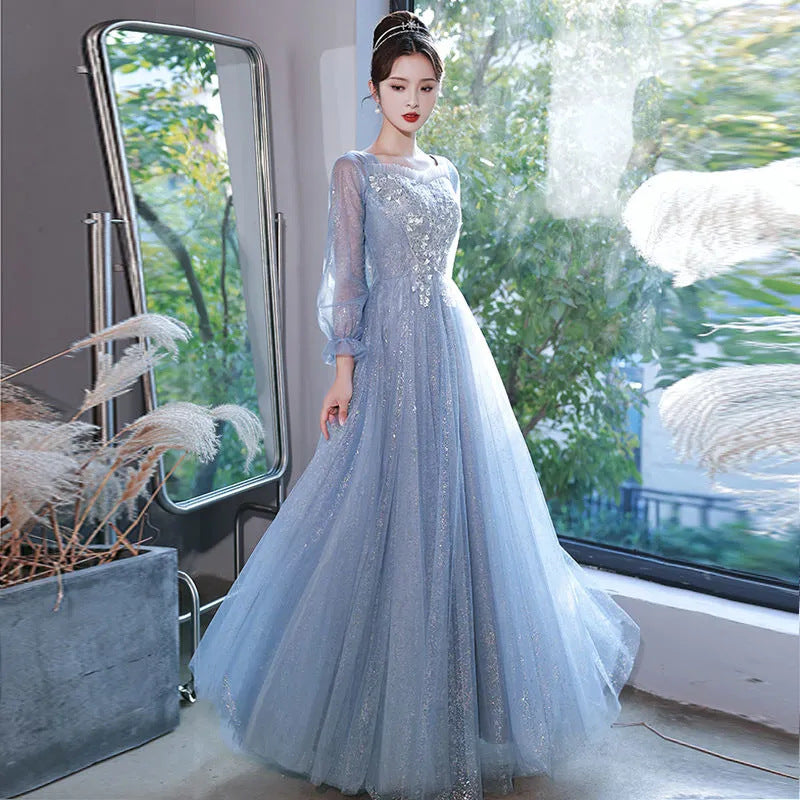 High-End Blue Dress High-End Sense Banquet Host Fairy Vocal Music Student Art Exam Dress Student Performance Dress