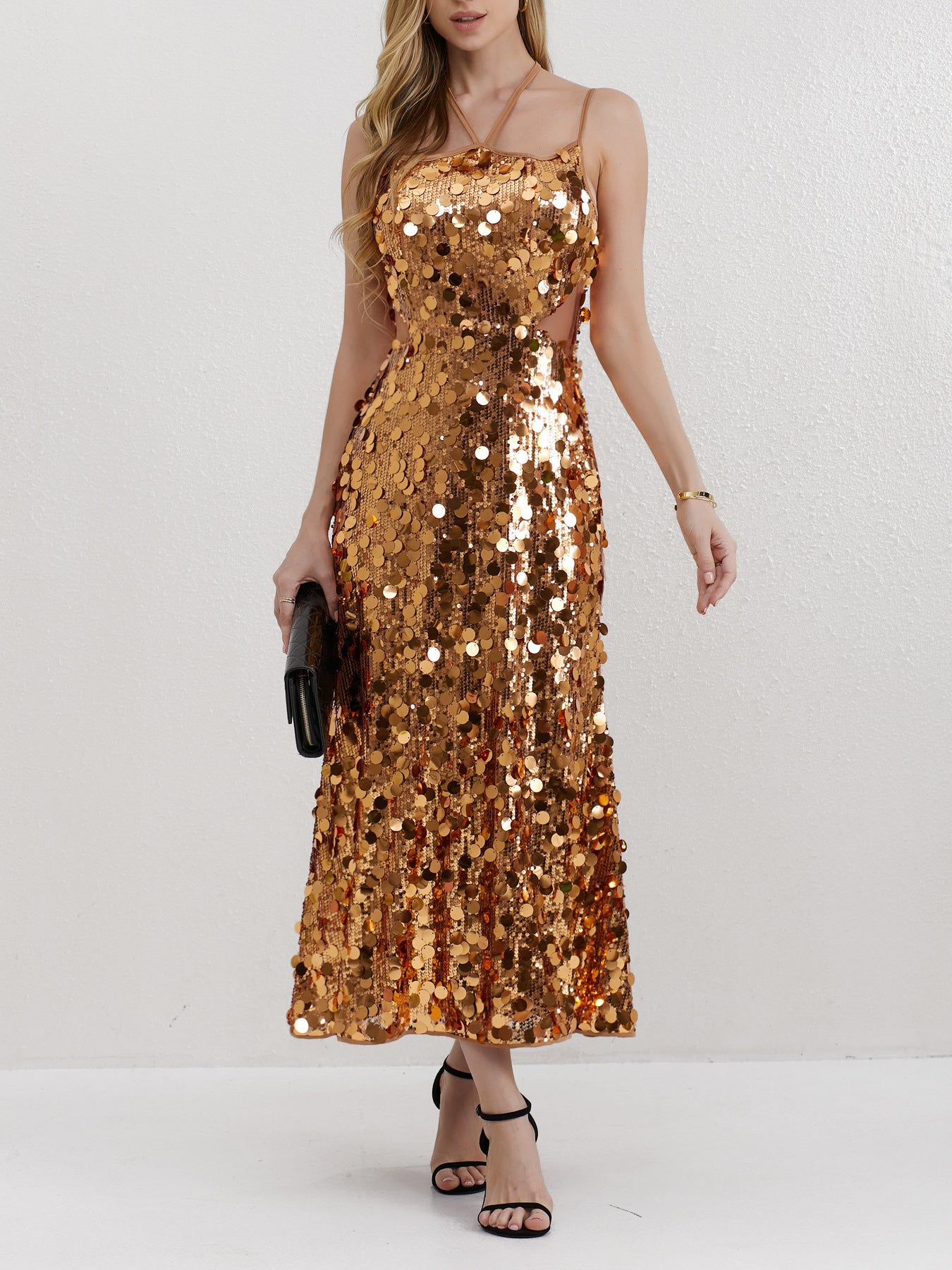 2023 Cross-Border Foreign Trade Spring/Summer New Fashion Sexy Internet Celebrity Gold Big Sequin Sequin Sling Dress Women