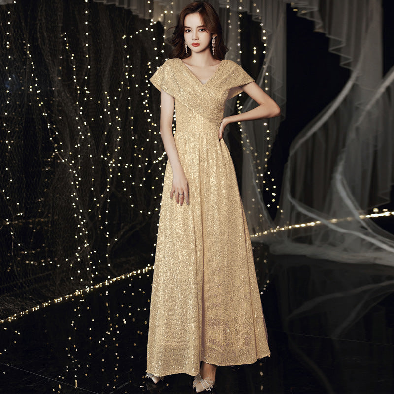 Banquet Evening Dress 2024 New High Sense V-neck Sequins Special Interest Light Luxury Performance Host's Dress Dress