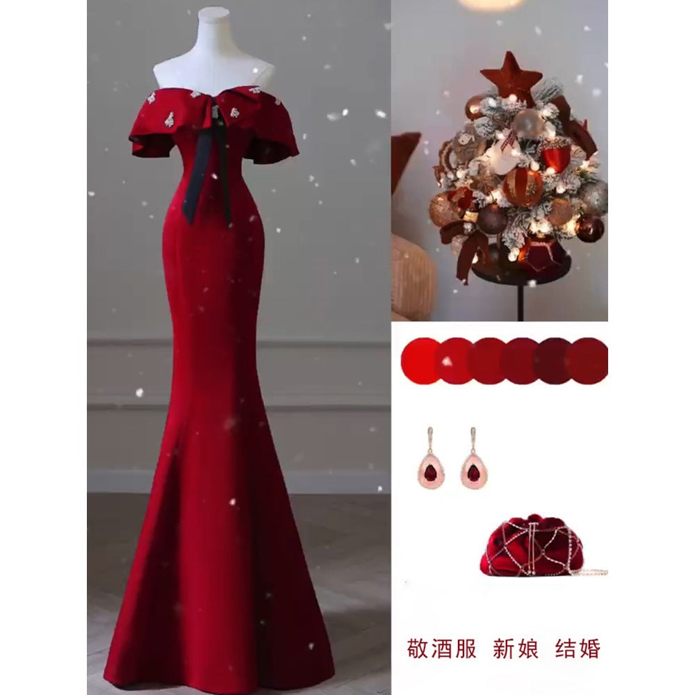 Dinner Dress Party Dresses Gala Ball Gown Bride Wine Red Fishtail Engagement Dress Wedding Evening Dress H9293