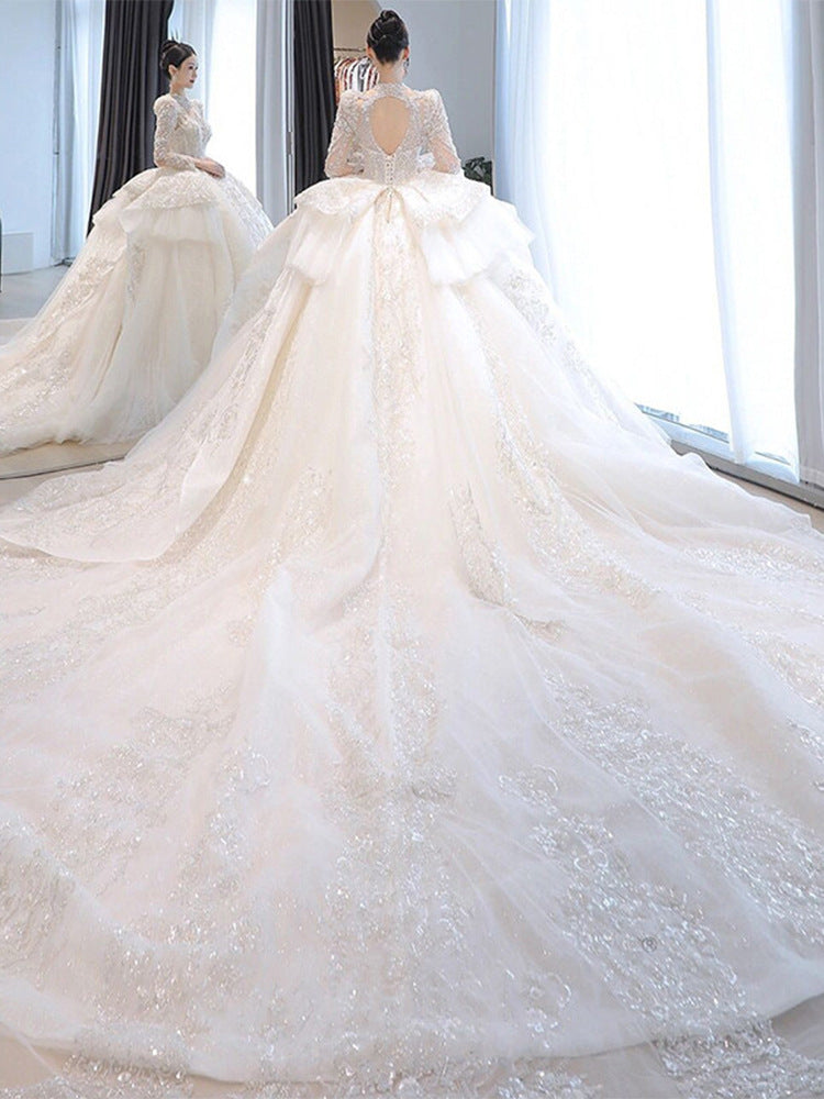 Long Sleeve Wedding Dress 2022 New Bridal Palace Style Main Yarn Large Tail Heavy Industry French Texture Wedding Dress