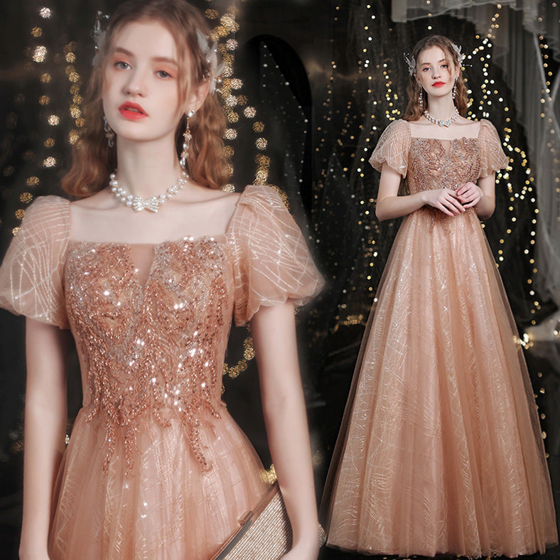 Golden Evening Dress Puff Sleeve Bridal Wedding Toast Dress 2023 Spring New Banquet Catwalk Annual Party Evening Dress H738