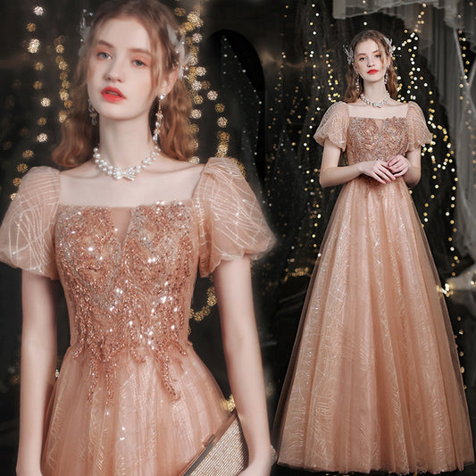 Golden Evening Dress Puff Sleeve Bridal Wedding Toast Dress 2023 Spring New Banquet Catwalk Annual Party Evening Dress H738