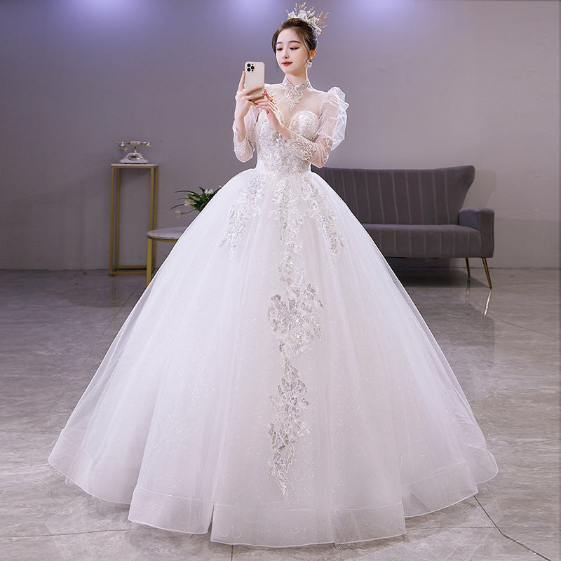 wedding dress long sleeve dress French Style Wedding Dress 2022 Autumn New Bridal Hepburn Court Style Small Arms Hiding Stand Collar Floor-Length Wedding Dress LAS405