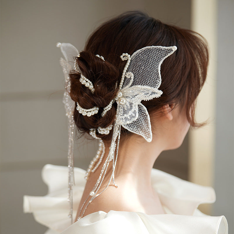 2022 New Bridal Headdress Temperament And Beautiful Lace Butterfly Tassel Hairpin Set Photo Makeup Modeling Jewelry