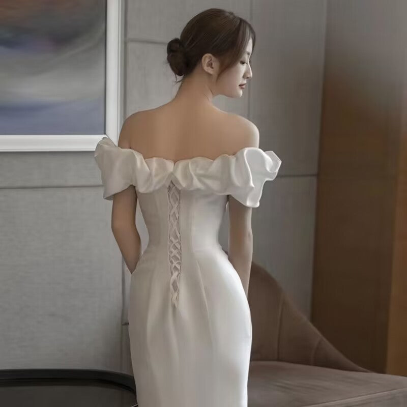 Wedding Dress Fishtail White Slimming Off-Shoulder French Light Wedding Dress Satin Simple Trailing Yarn H829