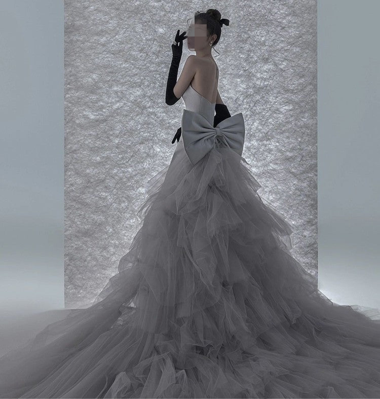 Wedding Dress Bow Korean Dress Colored Mesh Tiered-Ruffle Long Dress Trailing Wedding Dress H283