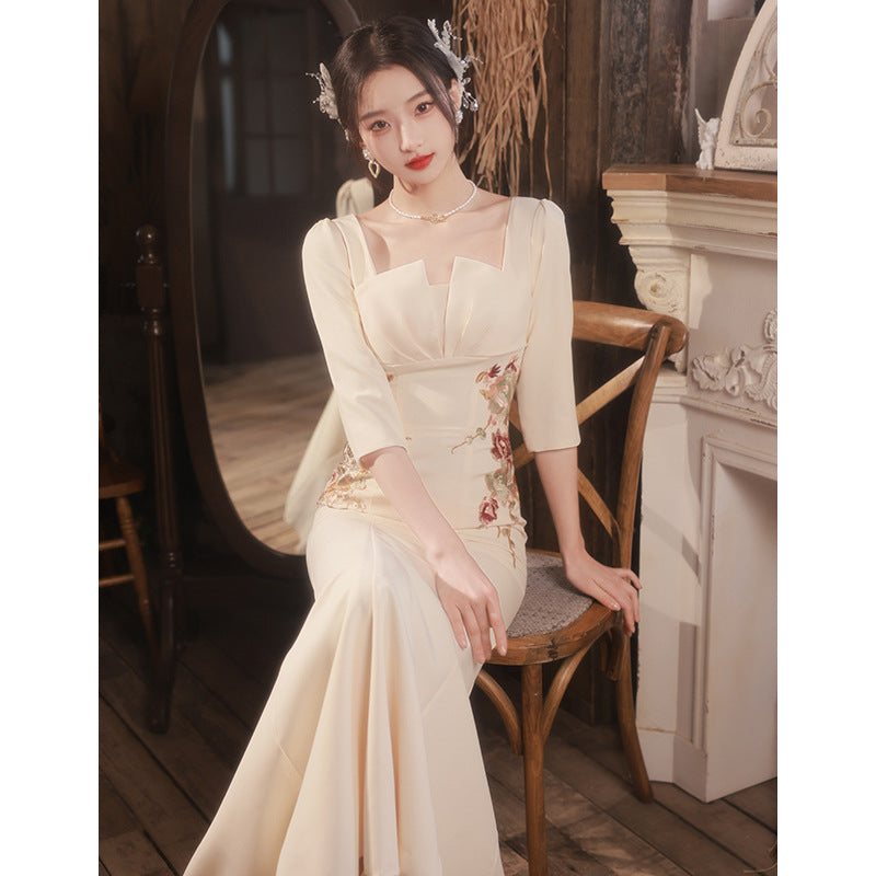 Champagne Evening Dress for Women Banquet Temperament Host Fishtail Dress Square Collar Dress H885