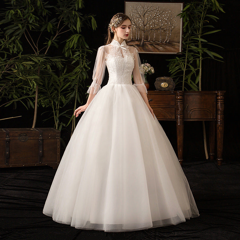 Long Sleeve High collar white Wedding Dress Stand Collar Yarn Slim Bridal plus Size dress