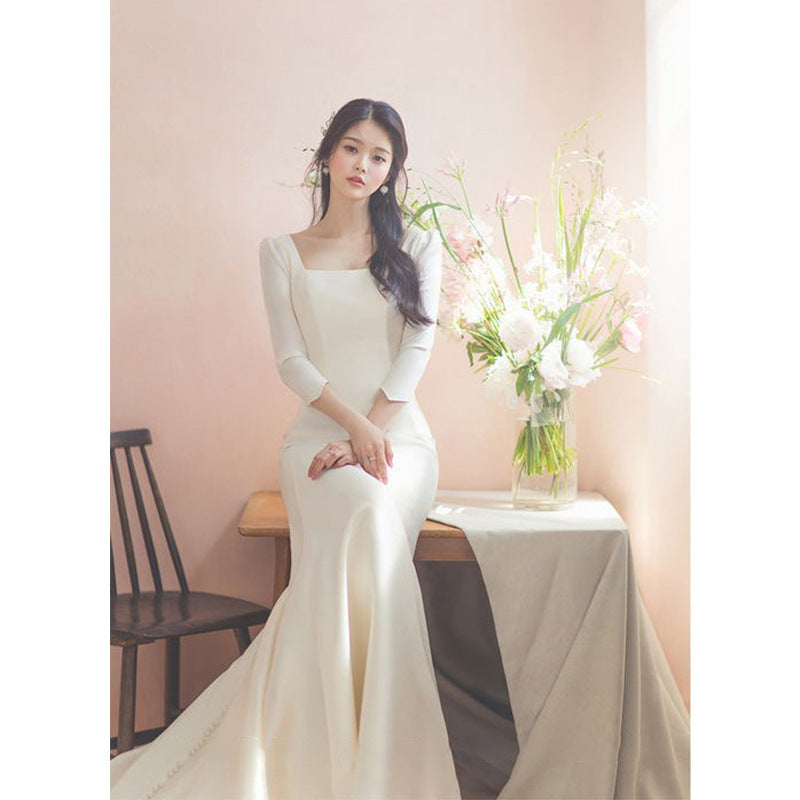 Fishtail Wedding Dress 2022 New Bridal Satin Simple Retro Trip Shoot Super Fairy Slim Korean Style Trailing Light Yarn