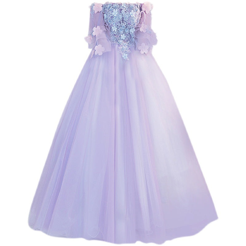 FLOWER DRESS Fantasy Purple Bell Sleeve Bridal Wedding Toast Dress Annual Meeting Performance Evening Dress H234