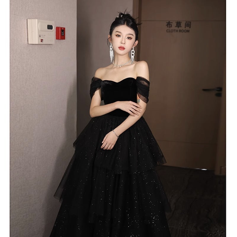 Ball dresses gala Black Evening Dress Banquet off-Shoulder LACE sequin birthday party dress dinner gown formal cArt Exam H289