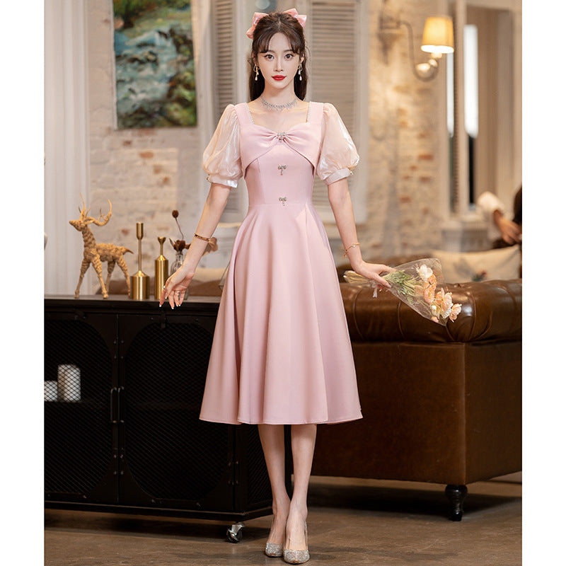 Pink Evening Dress Women's Daily Style Small Dress Engagement Dress High-Grade Bridesmaid Dress Spring and Autumn H289