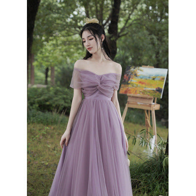 Purple Dress Bridesmaid Dress 2022 New off-Shoulder Bridesmaid Group Sisters' Clothes Graduation Chorus Daily Performance Slimming Dress H756