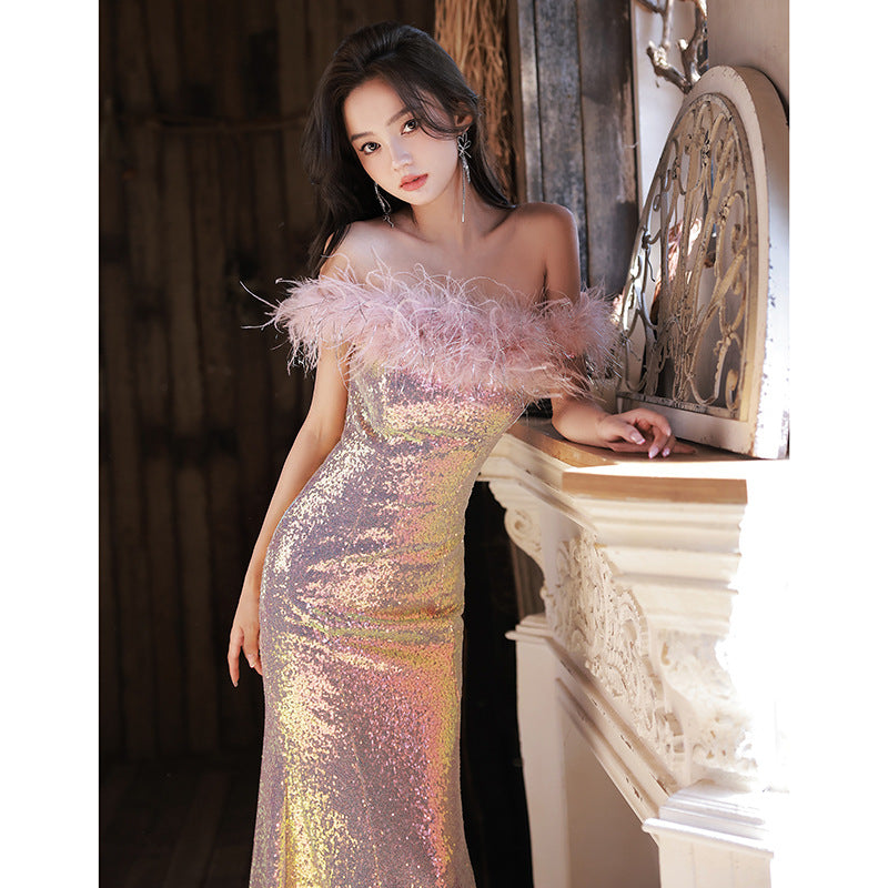 party dress evening dress Sequined Evening Dress 2022 New off-Shoulder Tube Top Two-Way Wear Annual Meeting Host Fishtail Vocal Music Art Test Performance Costume