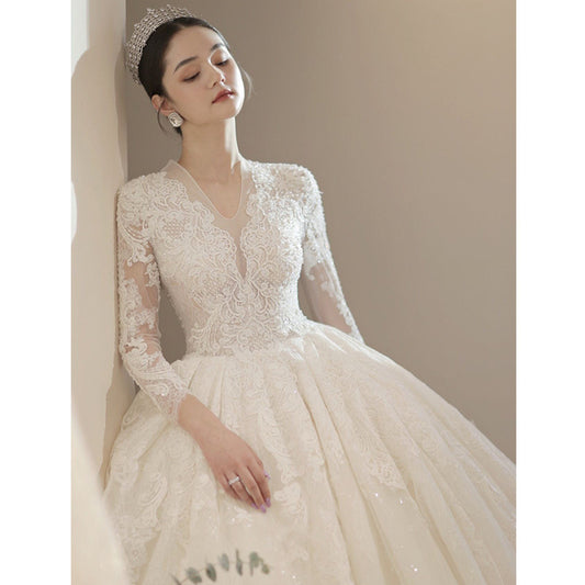 Bridal Wedding Dress2022NewvCollar Long Sleeve Trailing Court Style High-End Large Size Pregnant Women Light Yarn SmallD87