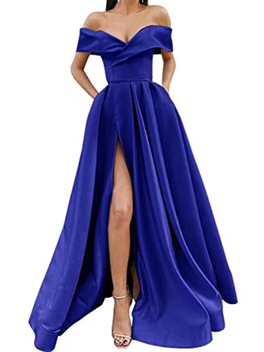 Party Dress satin black red off shoulder dinner dresses gala gown Women's European and American Style 2023 Cross-Border New Arrival Sexy Deep V Solid Color High-End Satin Banquet Evening Dress