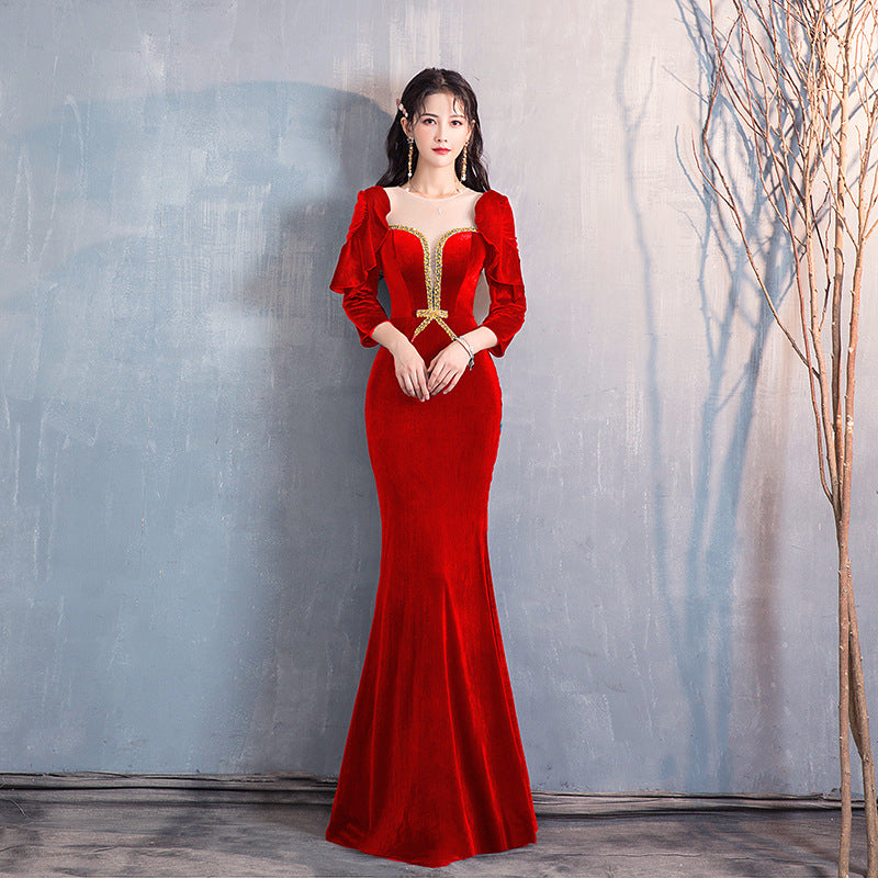 Green Blue dress Evening Dress Velvet Women's 2020 New Super Fairy Banquet Temperament Autumn and Winter Long Sleeve Host Long Show Fishtail Skirt