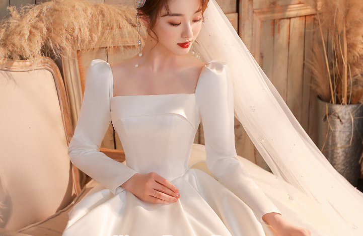 wedding dress satin dress spring and summer long sleeves French square collar temperament simple atmosphere slim cover thick arm bridal dress