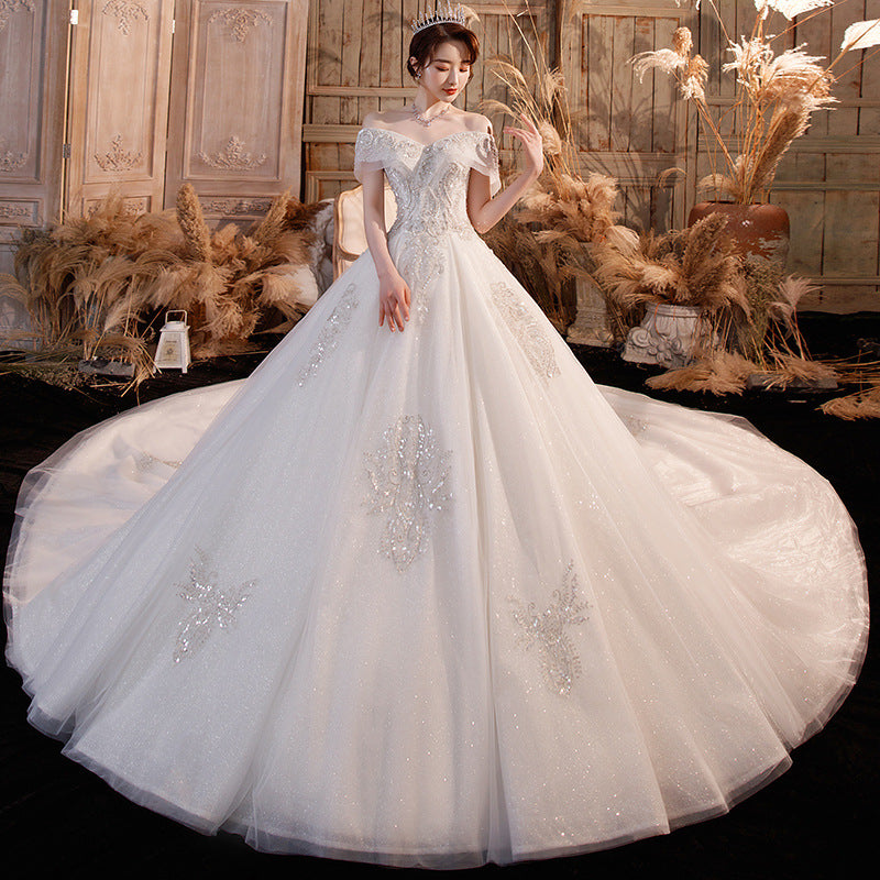 Hepburn Main Wedding Dress 2022 New Style Trailing off-Shoulder Bridal Temperament Female Super Fairy Mori Style Dream Starry Sky Skirt