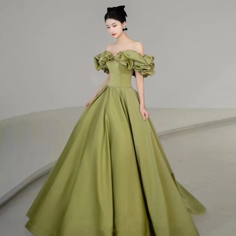 French Evening Dress Green dress wedding dress New Green High-Grade off-Shoulder Satin Host's Dress Dress Elegant