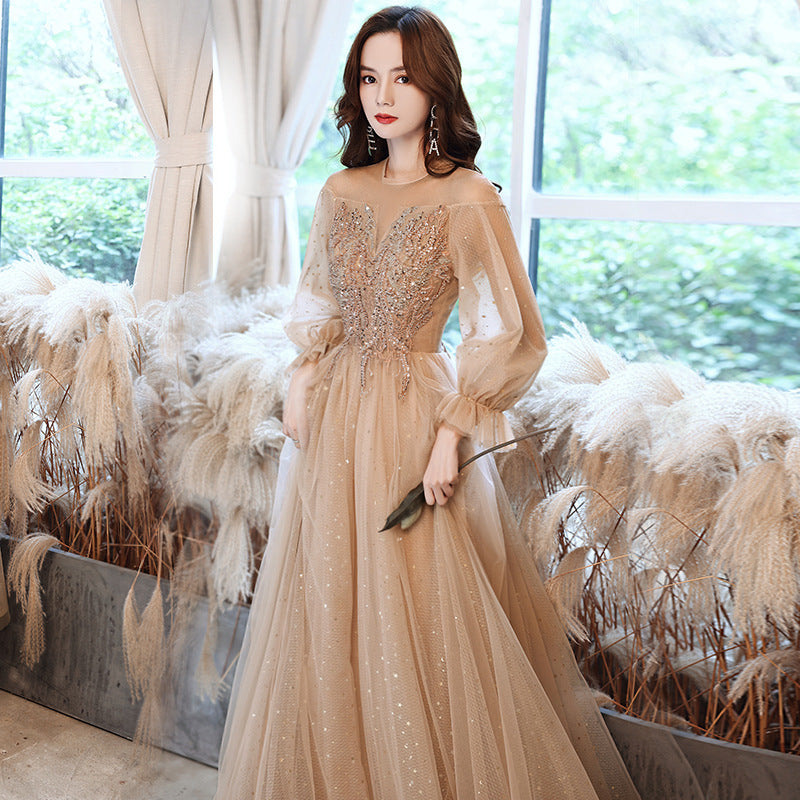 Champagne Dress gala party gown Evening Dresses Birthday Banquet Temperament golden H923