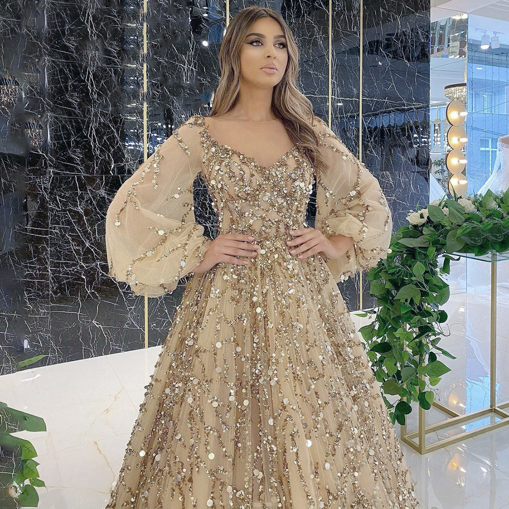 Gold Dress gown ball dresses party Beaded Ball Party Evening Dress Dress Sequined Lace Breathable and Transparent Birthday Party Long Sleeve Aura Queen Dress H2839