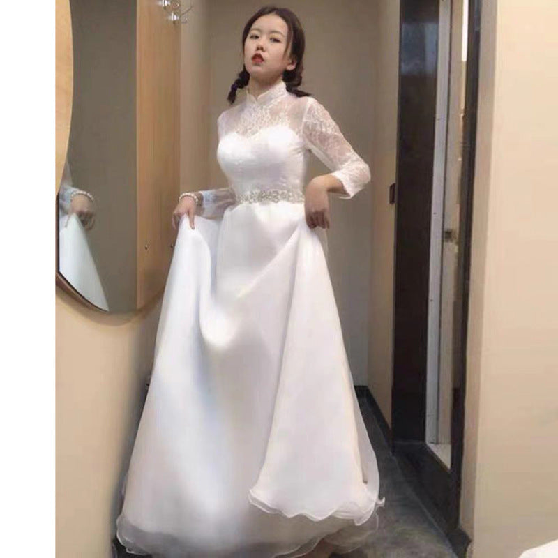 Satin dress for Wedding long sleeve Bride Graceful Mori Long Sleeve Banquet Gown Super Fairy Travel Shooting Wedding Dress H767