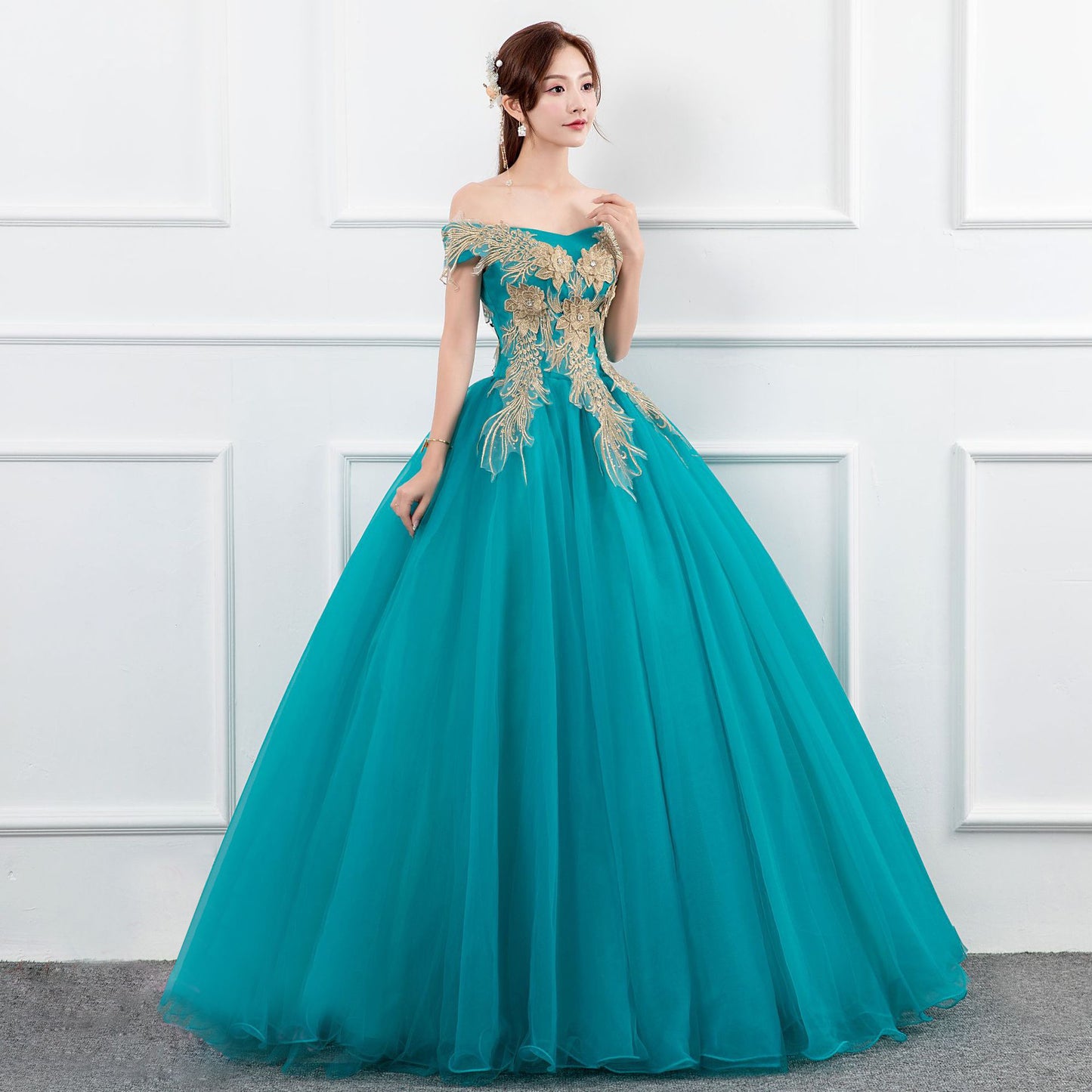 green dress blue dress lace wedding dress Solo Performance Costume Pettiskirt Long Host Art Exam Meisheng Annual Meeting off-Shoulder Evening Dress Slim Studio Theme