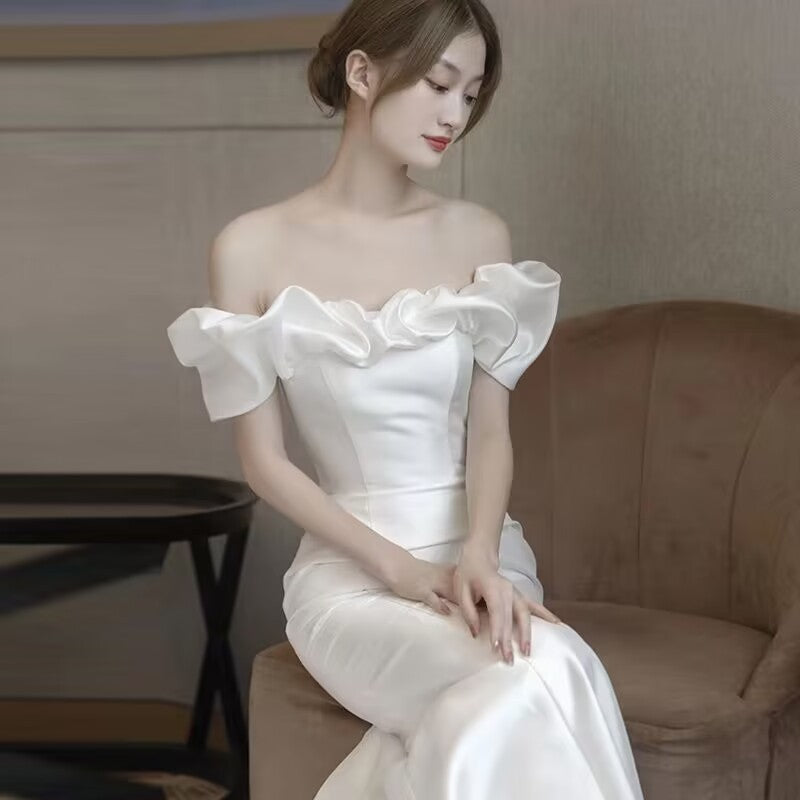 Wedding Dress Fishtail White Slimming Off-Shoulder French Light Wedding Dress Satin Simple Trailing Yarn H829