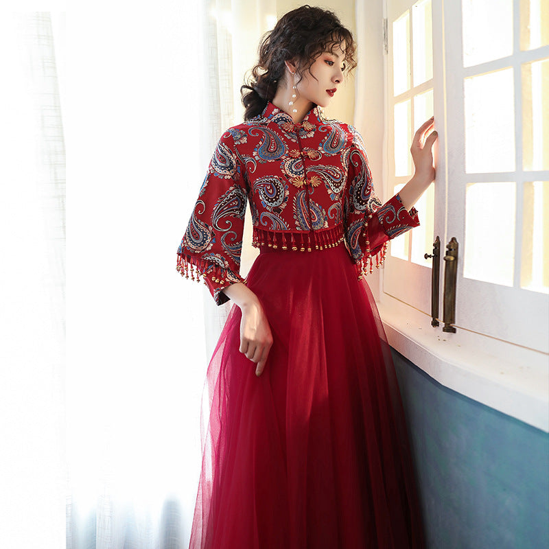 red dress Toast Dress Bride 2020 New Autumn and Winter Wine Red Marriage Engagement Long Sleeve Dress Female Cheongsam Dress LAS370