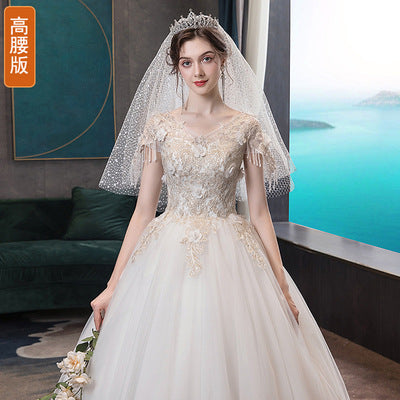 French Wedding Dress OFF SHOULDER  Temperament Bride Starry Sky V-neck off-Shoulder Small H992