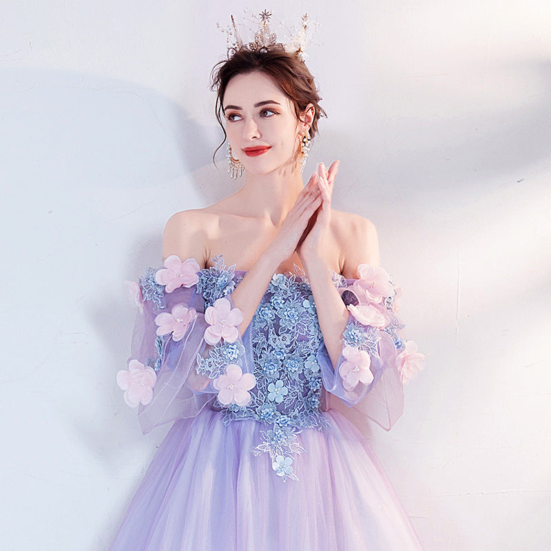 FLOWER DRESS Fantasy Purple Bell Sleeve Bridal Wedding Toast Dress Annual Meeting Performance Evening Dress H234