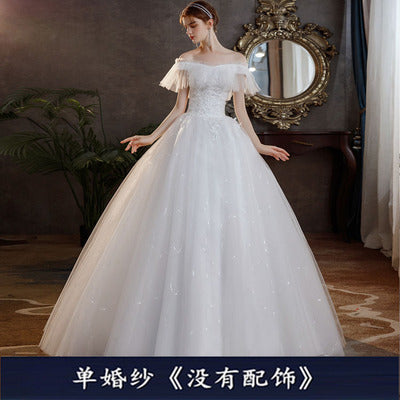 Wedding Dress off Shoulder Dress Lace Dress Princess Dress New off-Shoulder French Style Mori Dream Fairy Temperamental Bride Slim Fit Floor-Length Simple Female H266