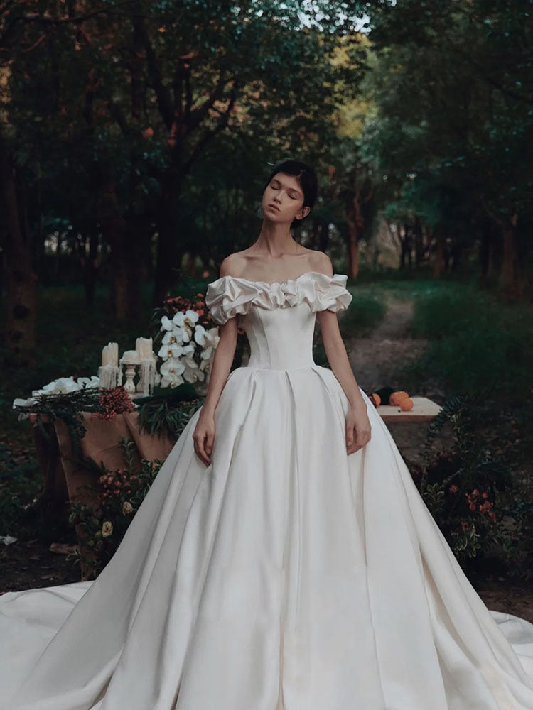 off shoulder  Wedding Dress New Bridal off-Shoulder Forged Surface Simple Elegant Super Fairy Mori Style Dream Trailing Wedding Dress H2246